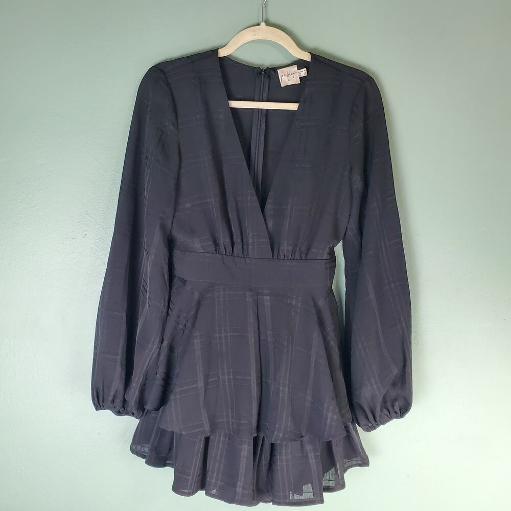 Princess Polly String of Stars Black Plaid Long Sleeve Ruffle Romper Size 6